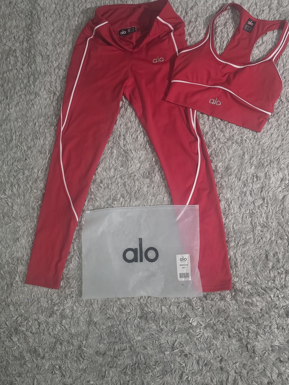 Alo Red Sports Bra and Leggings Set with White Piping